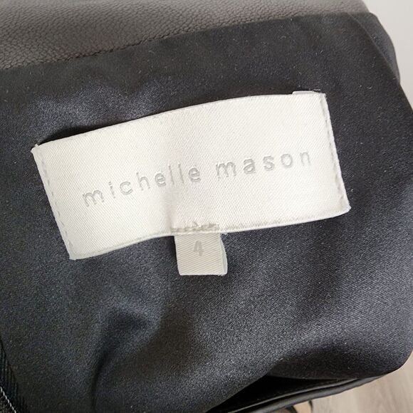 MICHELLE MASON | Leather Mini Skirt With Slit Sz 4 Black Asymmetrical Zip Staple - Picture 11 of 13